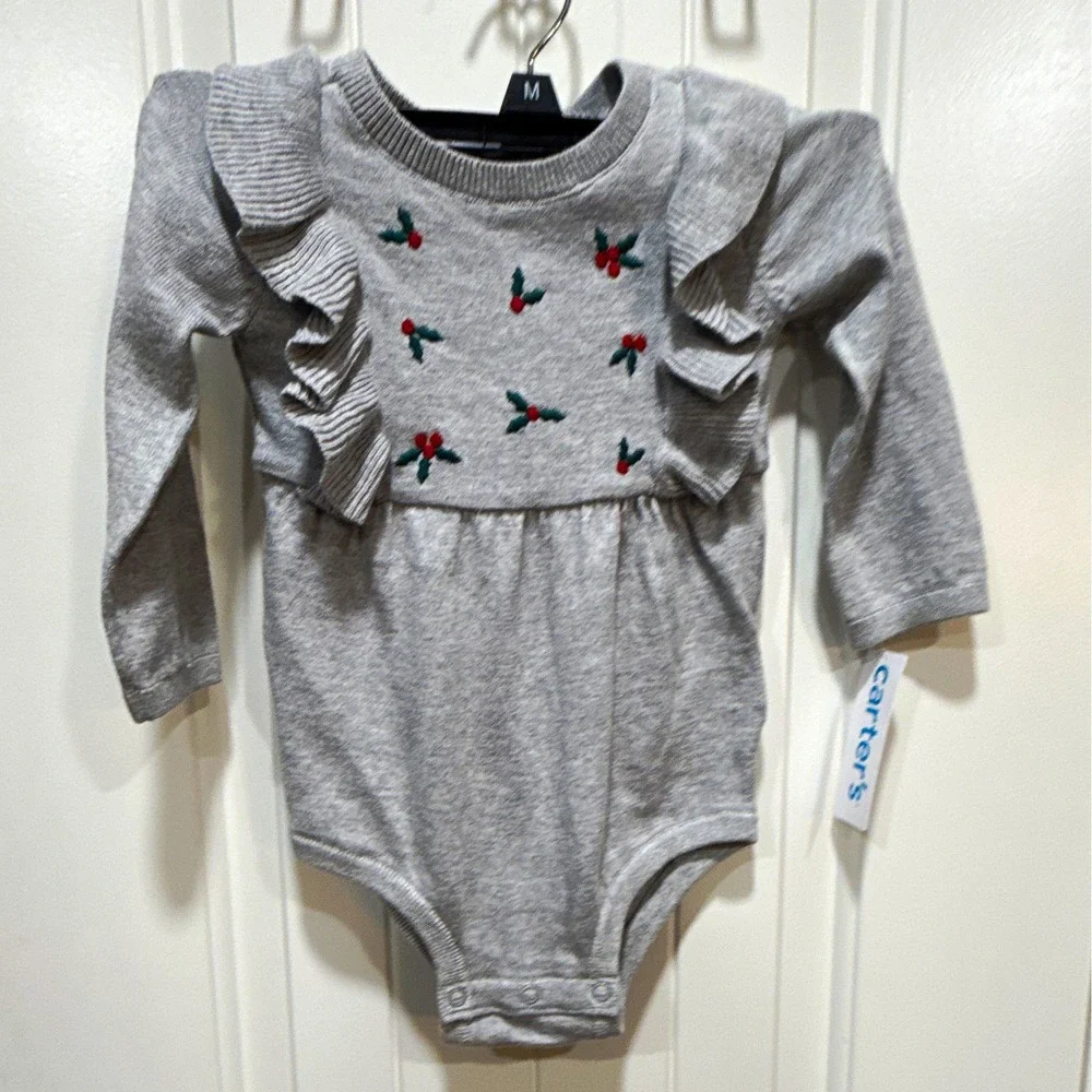 Carter's Girls 12M Gray Knit Long Sleeve Ruffle Embroidered Bodysuit NWT